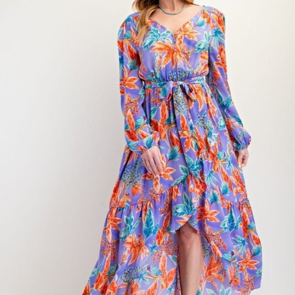 Easel Lilac Tropical Print “Mirabelle” Satin Tie-Waisted Maxi Dress | NWT | M - Picture 3 of 5